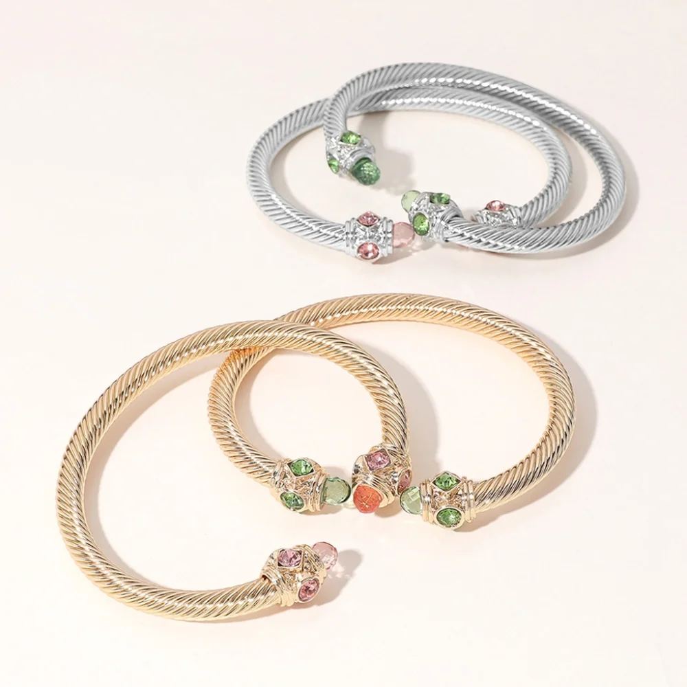 Gold 2 Piece Stone Tip Twist Rope Cable Cuff Bracelet Bangle Textured Metal